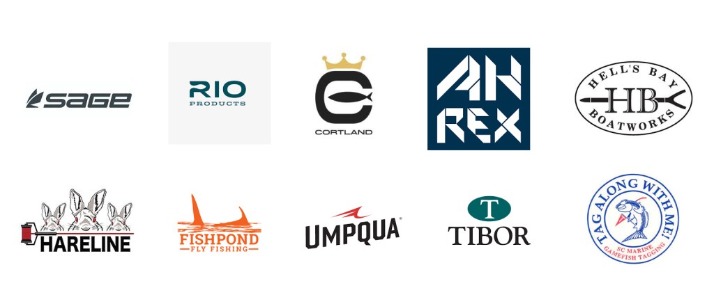 Logos of various fishing brands including Sage, RIO Products, Cortland, ANREX, Hell's Bay Boatworks, Hareline, Fishpond, Umpqua, Tibor, and Tag Along With Me.
